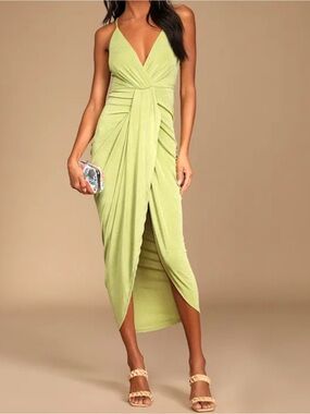 Lulu's Lime Green Draped V-Neck Ruched Wrap Midi Dress